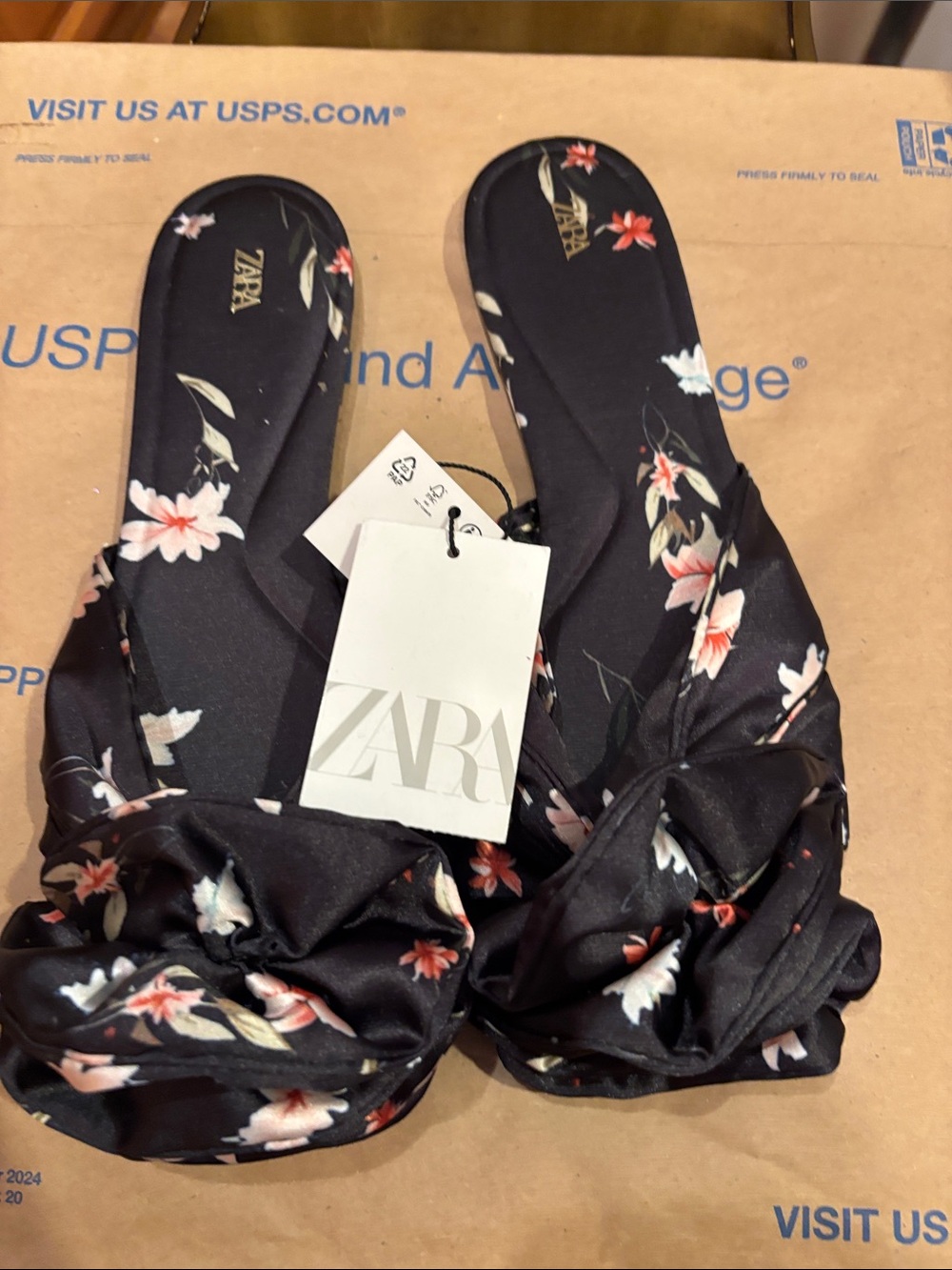 Zara Black Floral Knot-Front Slide Mules